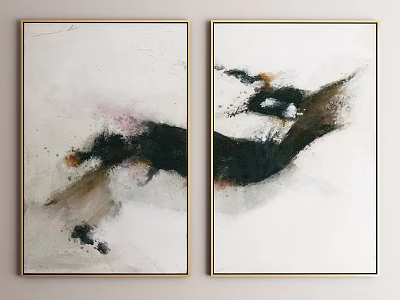 Modern Two Panel Abstract Painting With Gold Framed Black White Brushstrokes 3d model