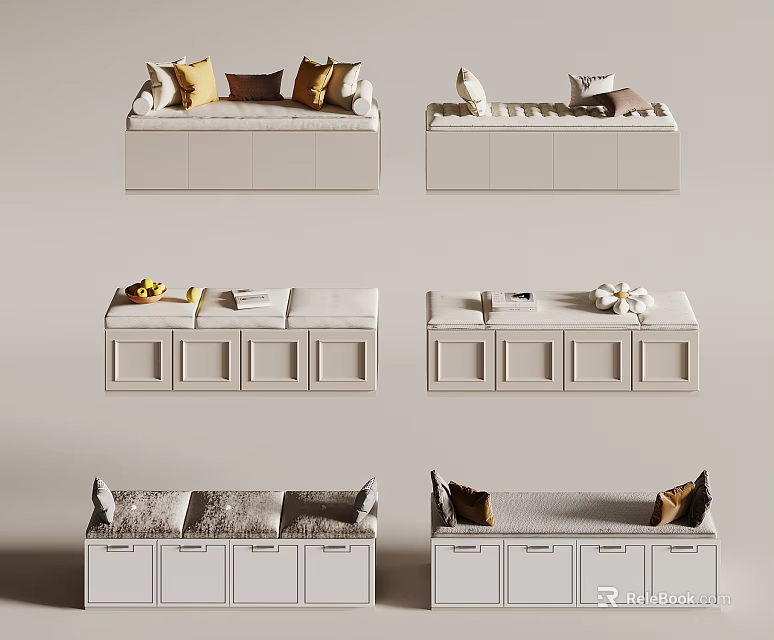 White Storage Bench Designs With Various Cushions And Decorative Elements 3d model