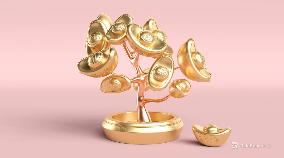 Golden Money Tree Sculpture Carving With Ingot Decorations Circular Base And Small Ingot Ornament 3d model 