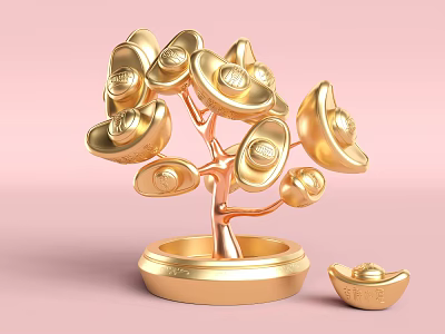Golden Money Tree Sculpture Carving With Ingot Decorations Circular Base And Small Ingot Ornament 3d model