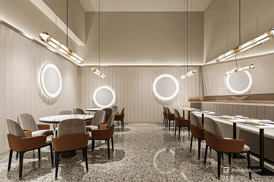 Elegant Modern Restaurant Interior With Round Windows Hanging Lights Marble Floor And Chairs 3d model 