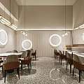 Elegant Modern Restaurant Interior With Round Windows Hanging Lights Marble Floor And Chairs