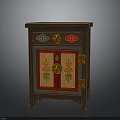 Traditional Chinese Style Wooden Cabinet With Red Green Floral Doors And Golden Accents