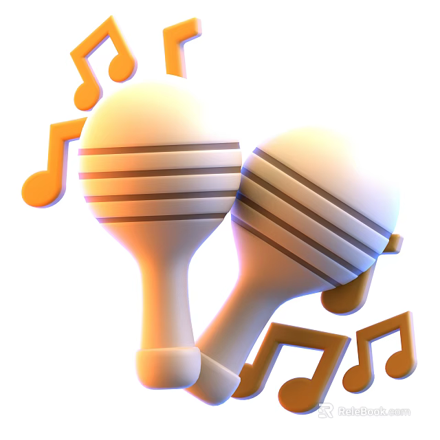 Bright Yellow Decorative Maracas Musical Instruments With Surrounding Golden Musical Notes 3d model 