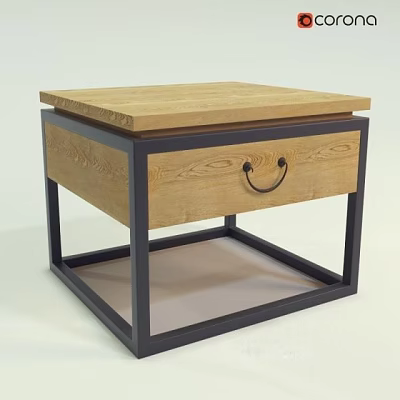 Wooden Bedside Table with Carved Drawer Metal Handle and Black Metal Frame Modern Design 3d model