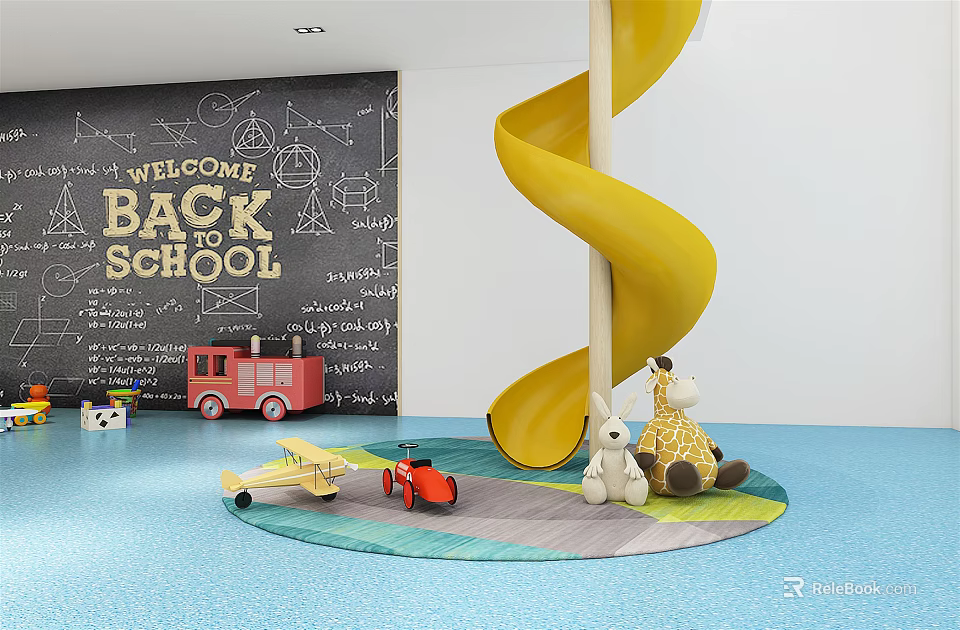 Kids Playground Equipment with Yellow Spiral Slide Plush Toys and Colorful Play Mat 3d model 