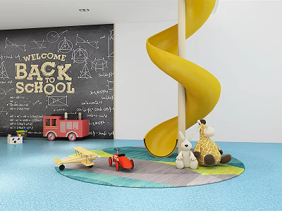 Kids Playground Equipment with Yellow Spiral Slide Plush Toys and Colorful Play Mat 3d model