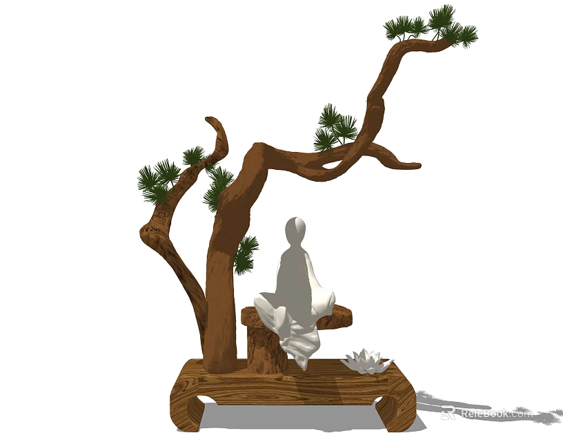 Zen Style Decorative Ornament Set With Wooden Base Pine Branch Meditating Figure And Lotus Decoration 3d model 