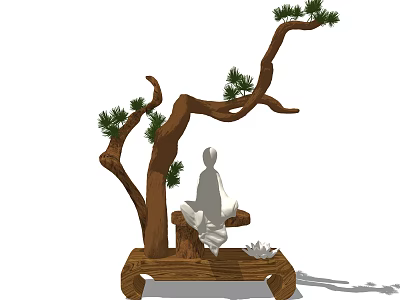 Zen Style Decorative Ornament Set With Wooden Base Pine Branch Meditating Figure And Lotus Decoration 3d model