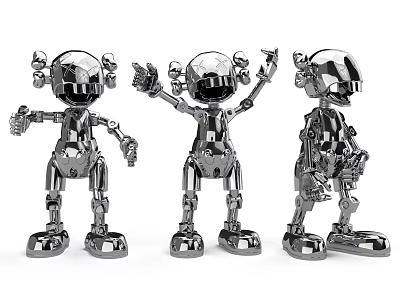 Decorative Ornament Set with Three Silver Metal Robot Figurines in Various Poses 3d model