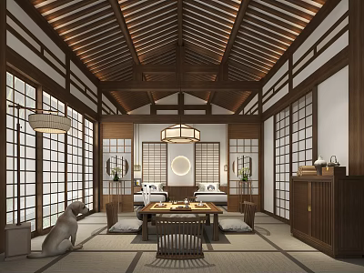 Traditional Chinese Hotel Guest Room Interior With Wooden Ceiling Shoji Screens And Tatami Setup 3d model