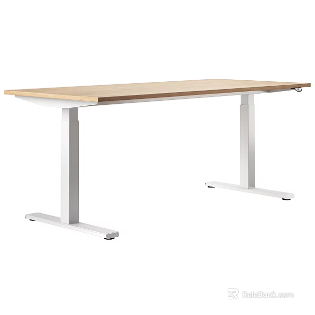 Height Adjustable Office Desk With Wooden Top And White Metal Legs Modern Design 3d model 