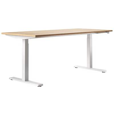 Height Adjustable Office Desk With Wooden Top And White Metal Legs Modern Design 3d model
