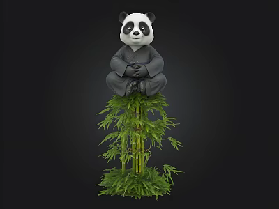 Cute Panda Sitting On Green Bamboo Plant With Black And White Fur In Natural Setting 3d model