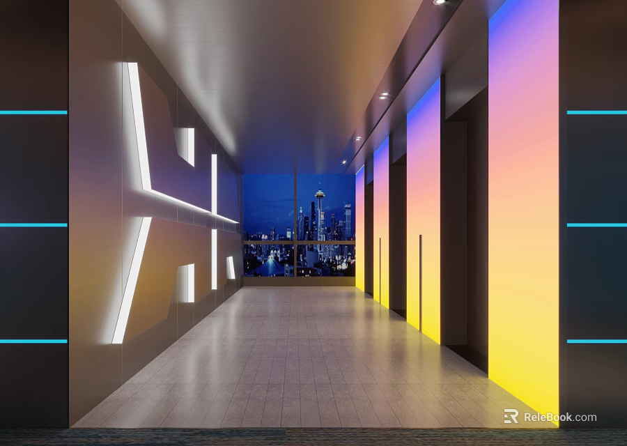 Modern Elevator Hallway With Illuminated Wall Panels Colorful Lighting And City View 3d model 