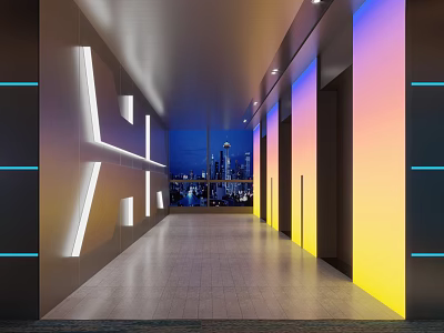 Modern Elevator Hallway With Illuminated Wall Panels Colorful Lighting And City View 3d model