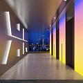 Modern Elevator Hallway With Illuminated Wall Panels Colorful Lighting And City View