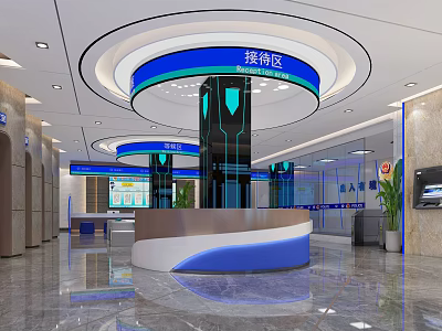 Modern Service Hall Interior With Reception Area And Blue Circular Signage 3d model