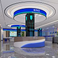 Modern Service Hall Interior With Reception Area And Blue Circular Signage