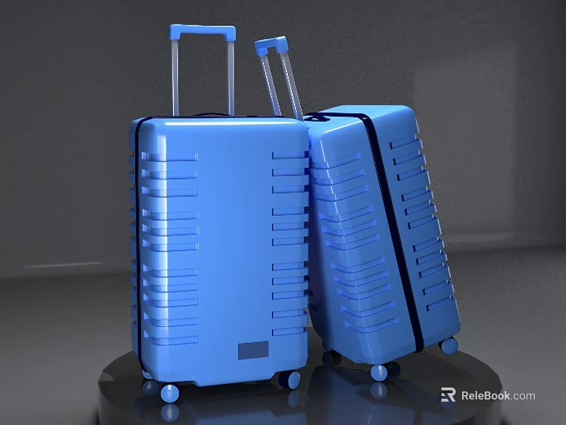 Blue Hard Shell Suitcases With Telescopic Handles And Wheels On Black Platform 3d model