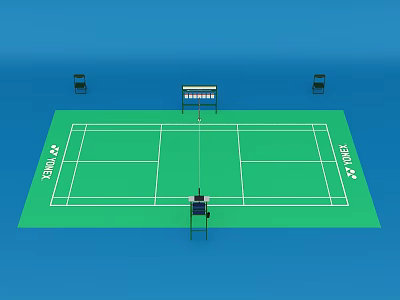 Green Badminton Court With White Lines Umpire Chair Scoreboard And Seats 3d model