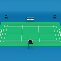 Green Badminton Court With White Lines Umpire Chair Scoreboard And Seats