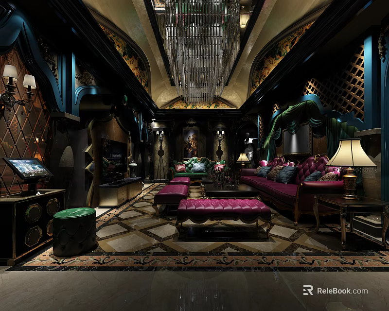 Luxurious KTV Interior Design With Comfortable Sofa Large Screen Crystal Chandelier And Decorative Walls 3d model 
