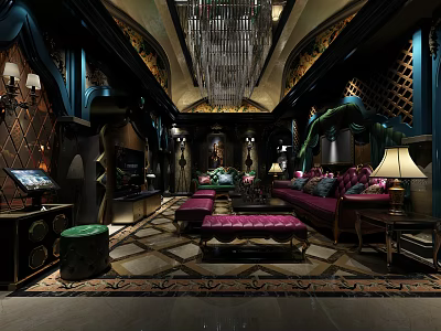 Luxurious KTV Interior Design With Comfortable Sofa Large Screen Crystal Chandelier And Decorative Walls 3d model