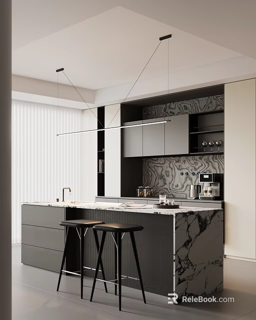 Modern Restaurant Kitchen With Marble Countertop Gray Cabinets Black Bar Stools And Hanging Light 3d model 