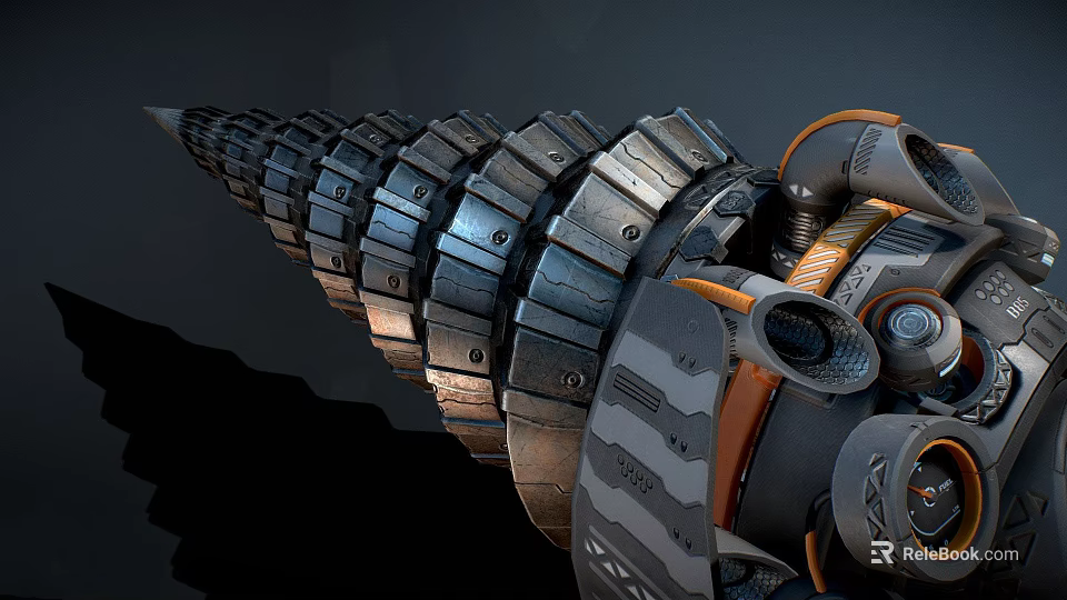 Futuristic Mechanical Weapon with Spiral Metal Structure and Orange Accents 3d model 
