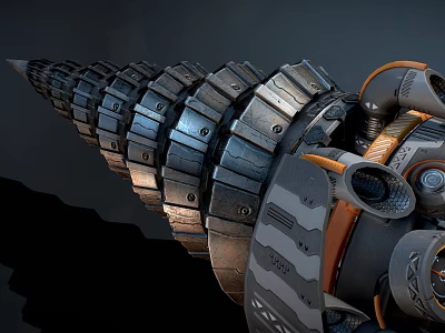 Futuristic Mechanical Weapon with Spiral Metal Structure and Orange Accents 3d model