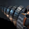 Futuristic Mechanical Weapon with Spiral Metal Structure and Orange Accents