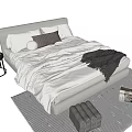 Double Bed with Light Colored Sheets Pillows Dark Blanket and Side Table Vase on Rug 3d model