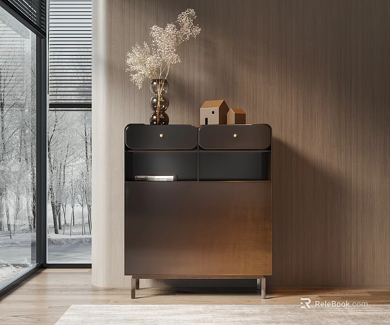 Modern Interior Console Cabinet Sideboard With Decorative Vase And Wooden Drawers 3d model 