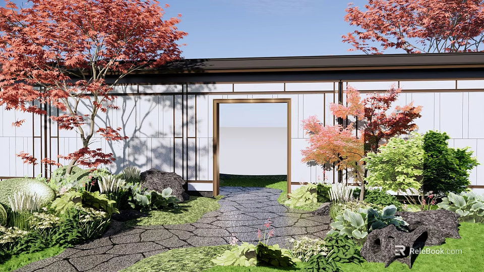 White Garden Feature Wall With Central Doorway Red Maple Trees Green Plants And Stone Path 3d model 