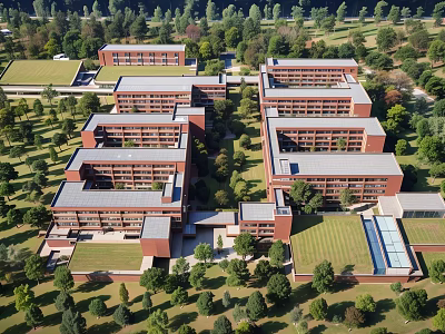 Aerial View Of Red Brick School Buildings With Flat Roofs Green Trees And Lawns 3d model
