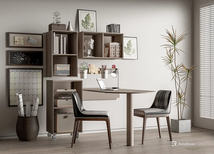 Modern Desk Interior With Bookshelf Chairs Table Lamp Laptop And Decorative Prints 3d model 