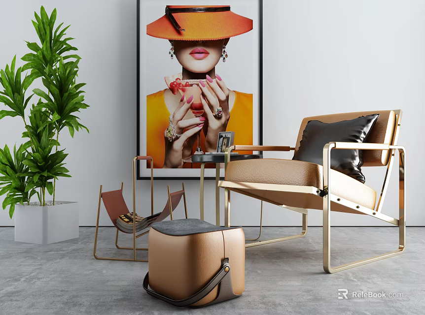 Modern Single Sofa Leather Design With Gold Metal Frame Green Plant Stool And Wall Painting 3d model 