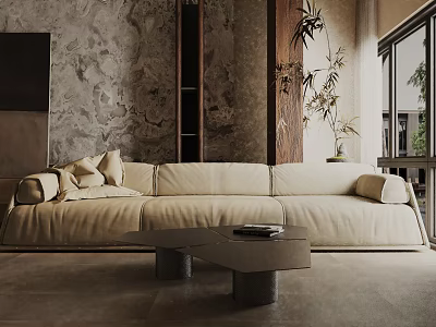 Beige Three Seater Sofa In Modern Living Room With Concrete Coffee Table And Textured Wall 3d model