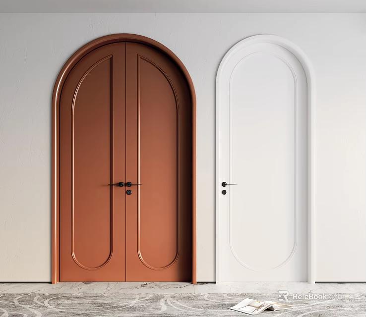 Modern Arch Top Swing Doors With Brown Double And White Single Panel Design 3d model 