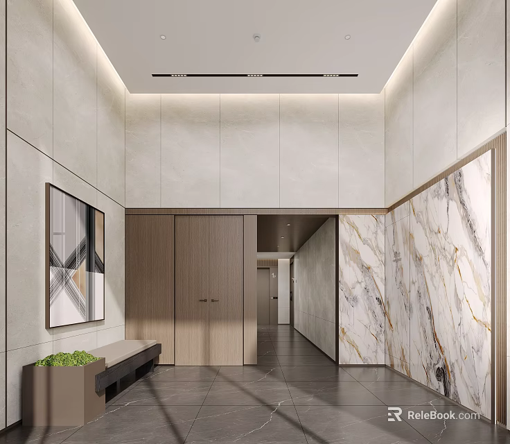 Modern Entryway Design With Marble Wall Wooden Cabinets Geometric Artwork And Recessed Lighting 3d model 