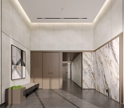 Modern Entryway Design With Marble Wall Wooden Cabinets Geometric Artwork And Recessed Lighting 3d model