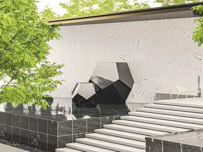 Black Polygonal Sculpture with Water Basin Stone Steps White Marble Wall and Green Trees 3d model