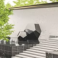 Black Polygonal Sculpture with Water Basin Stone Steps White Marble Wall and Green Trees