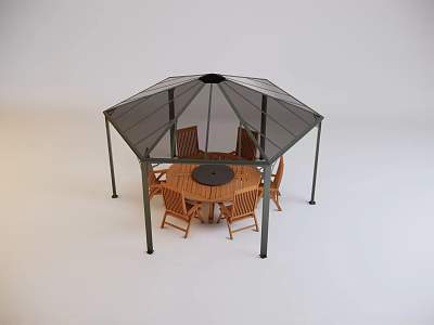 Patio Outdoor Wooden Table And Chairs Set With Octagonal Gazebo Cover 3d model