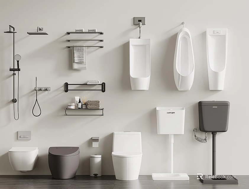 Modern Bathroom Interior With Toilet Urinals Wall Mounted Shelves And Towel Racks 3d model 