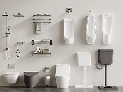 Modern Bathroom Interior With Toilet Urinals Wall Mounted Shelves And Towel Racks 3d model