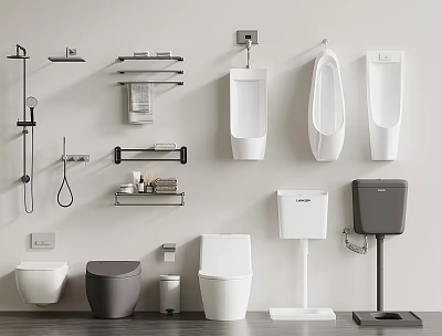 Modern Bathroom Interior With Toilet Urinals Wall Mounted Shelves And Towel Racks 3d model