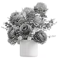Elegant Decorative Ornament Set with White Flowers Green Leaves in Textured Vase