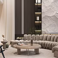 Spacious Duplex Living Room With Curved Sofa Large Windows And Round Rug